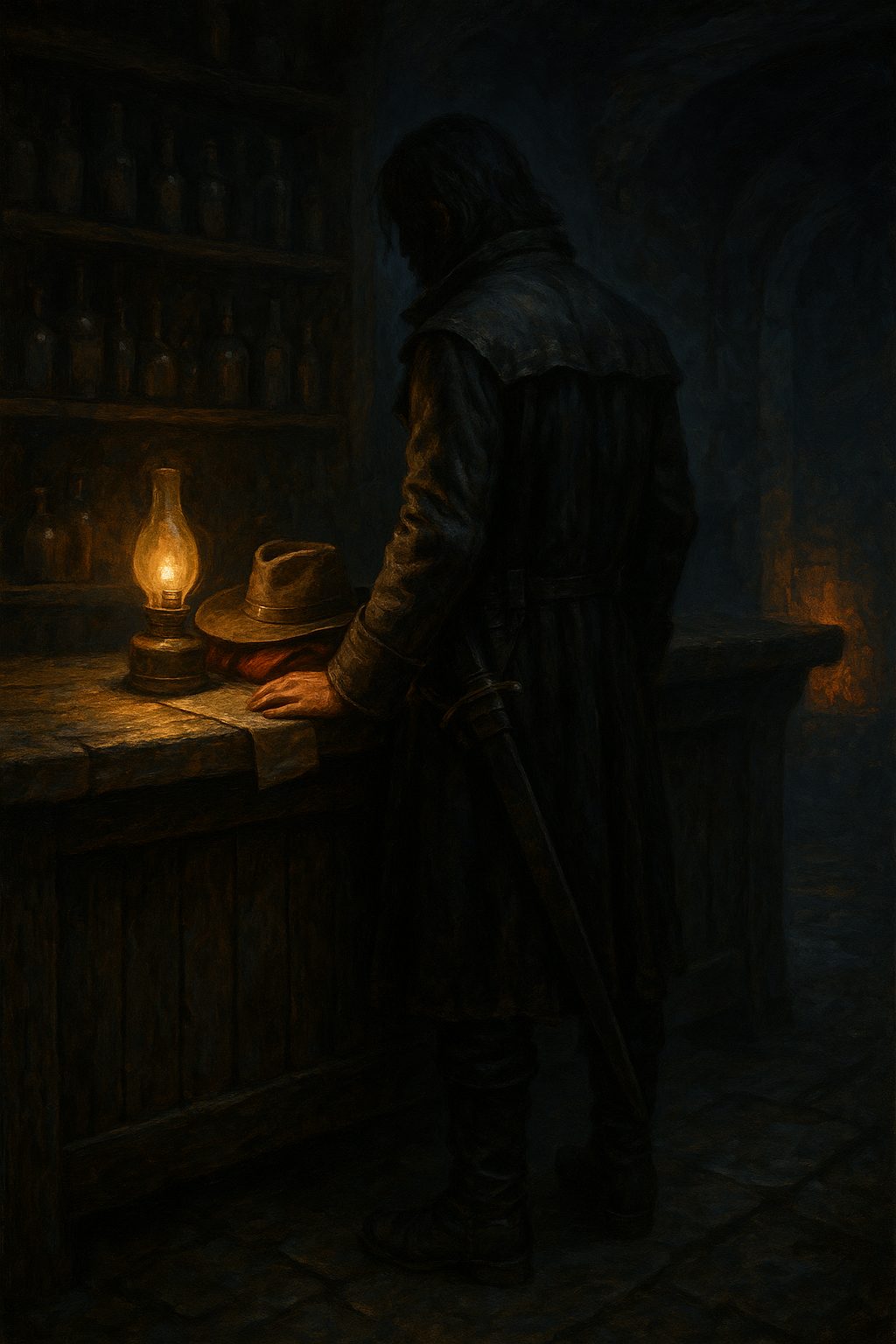 Bachman, seen from behind at a tavern bar in a long black duster with a sword at his hip, his tan wide-brimmed hat resting on a small red satchel beside a lantern.