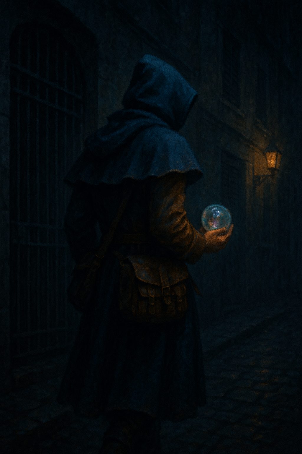 Corwin, hooded in a deep-blue travel cloak with a leather casterbag at his hip, holding a small glass orb that shimmers with color in a dark street.