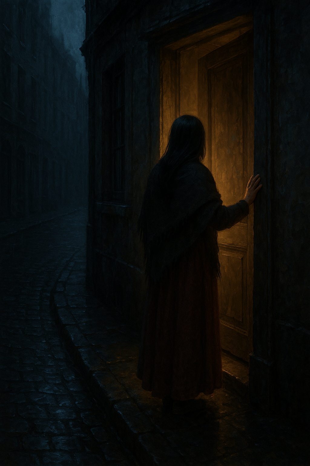 Julie, seen from behind with long black hair down her back, a dark shawl over a red gown, her hand on the doorframe of The Secret on a rain-slicked side street.