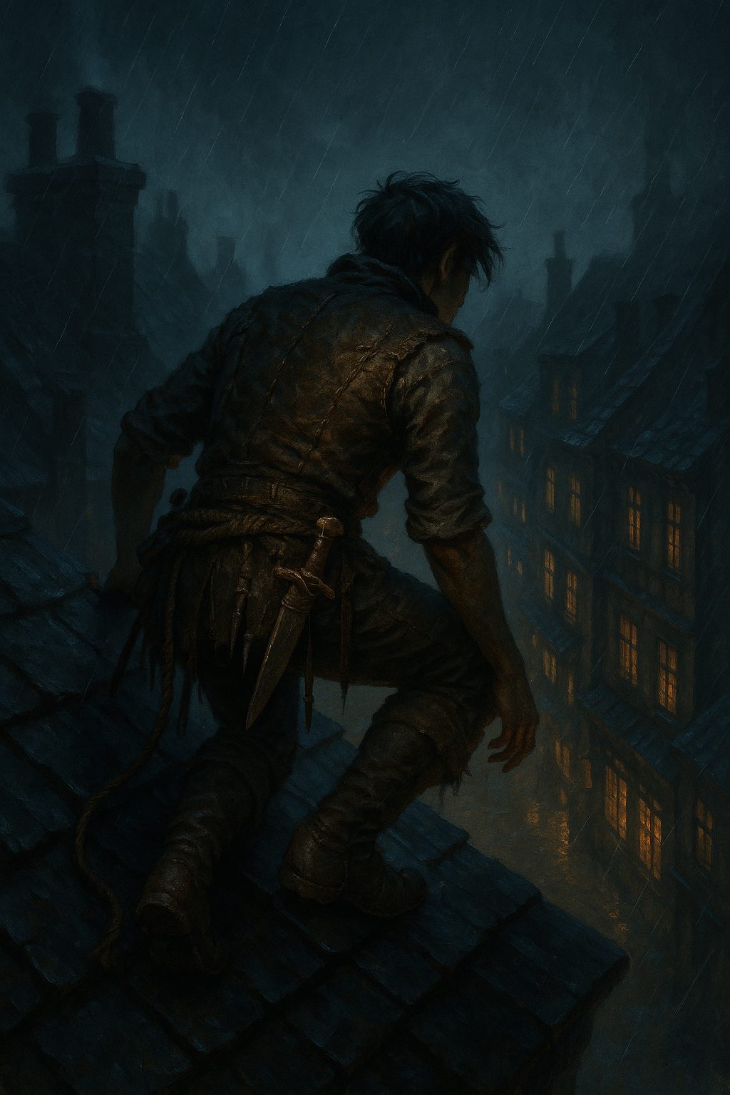 Padraig, seen from behind, crouched on a wet rooftop in a ragged leather vest with a rope belt and a bone-handled dagger, looking down at the lit windows of a merchant street.