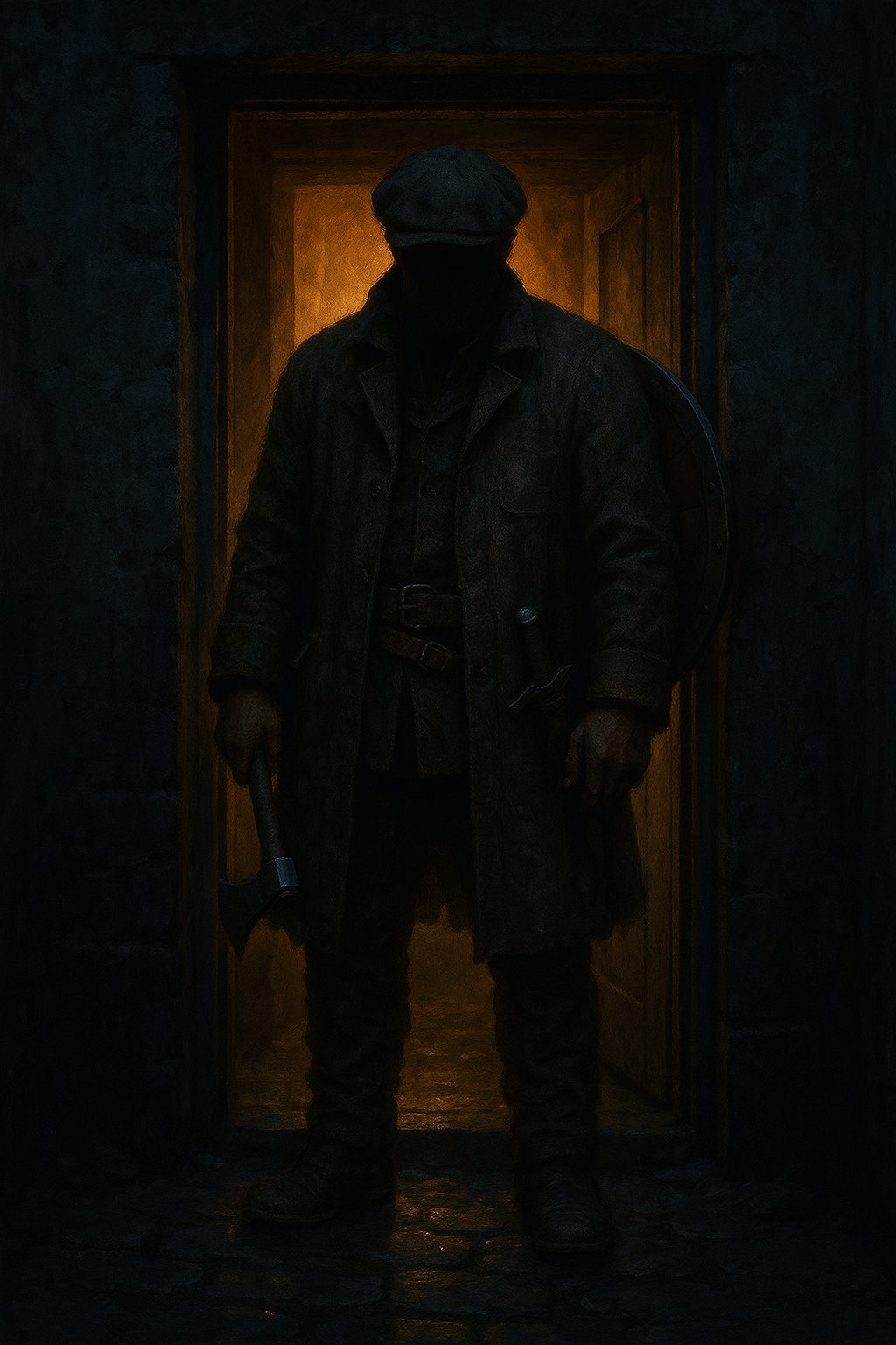 Weldon in a lit doorway, his face lost under a scuffler cap, in a heavy patched dustcoat with a short axe in hand and a round shield on his back.