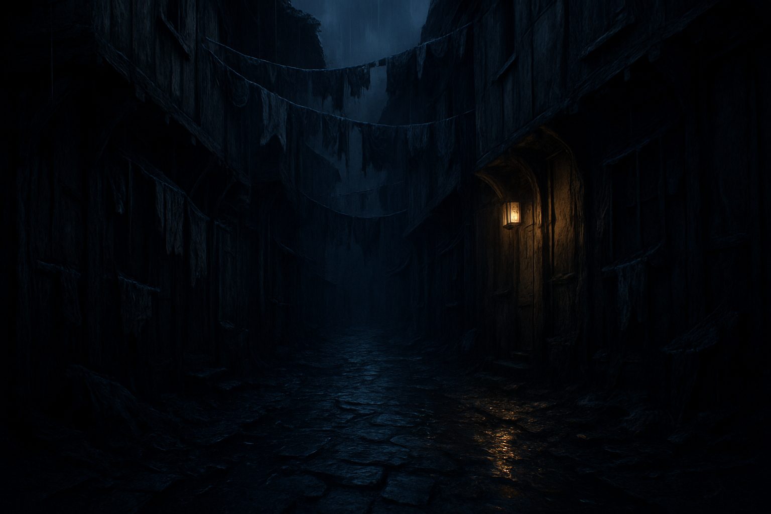 A narrow slum lane at night, sagging tenements and a single guttering lantern.