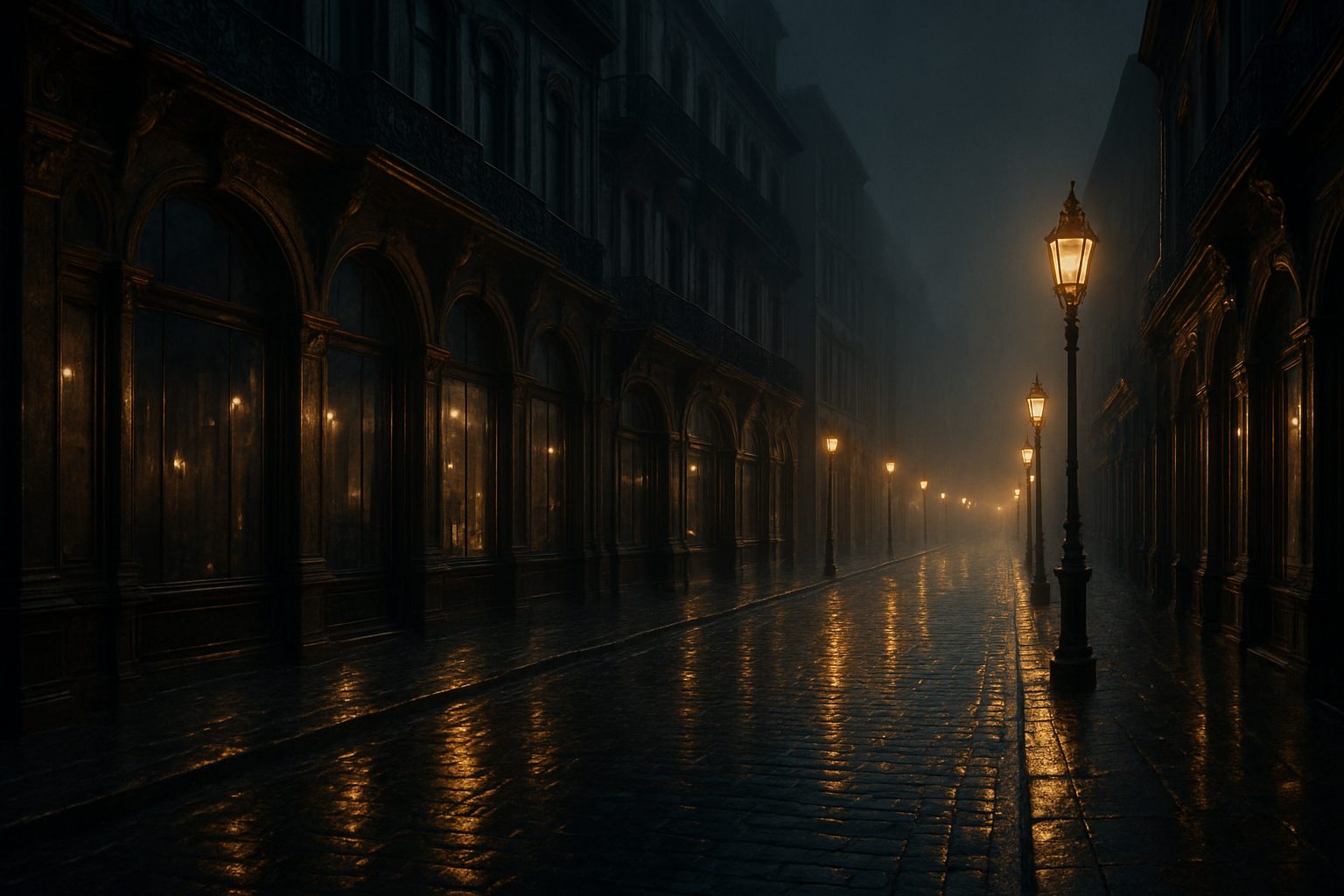 A wide merchant avenue at night, bright gas lamps on wet cobbles.