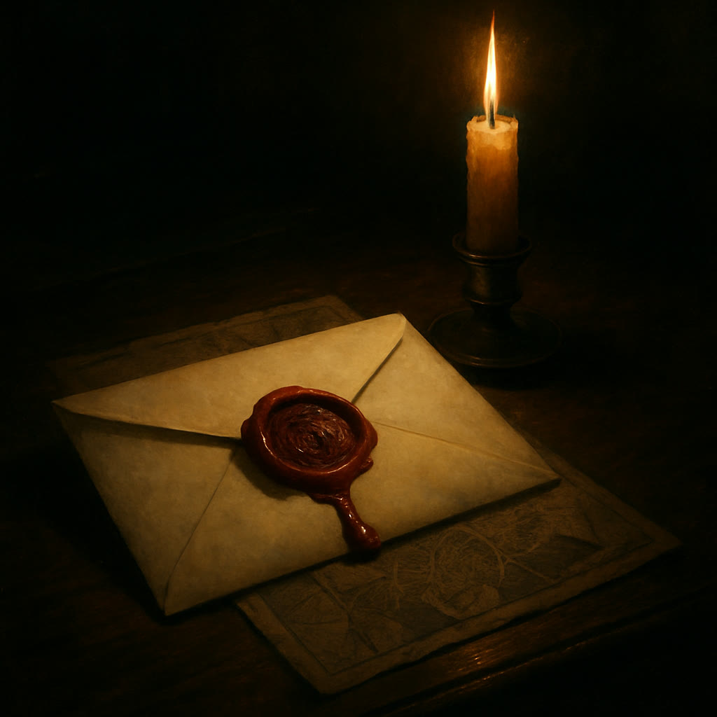 A sealed letter with a red wax crest beside a lit taper candle.