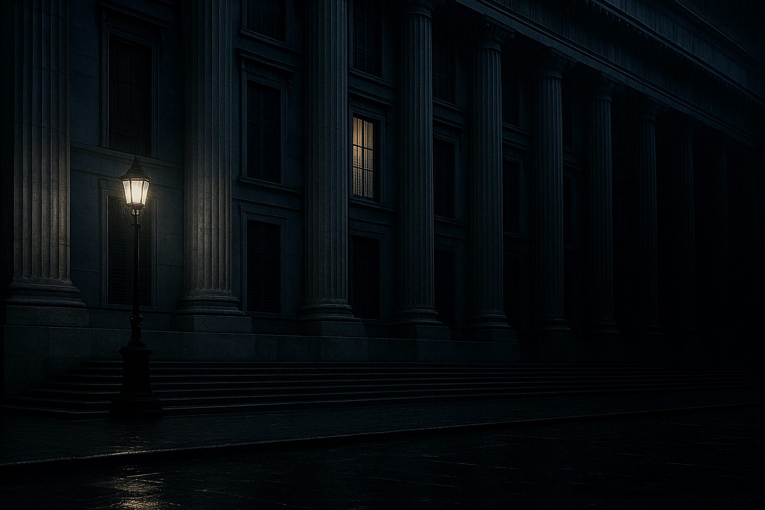 A marble ministry colonnade at night, rain on the steps, one gas lamp lit.