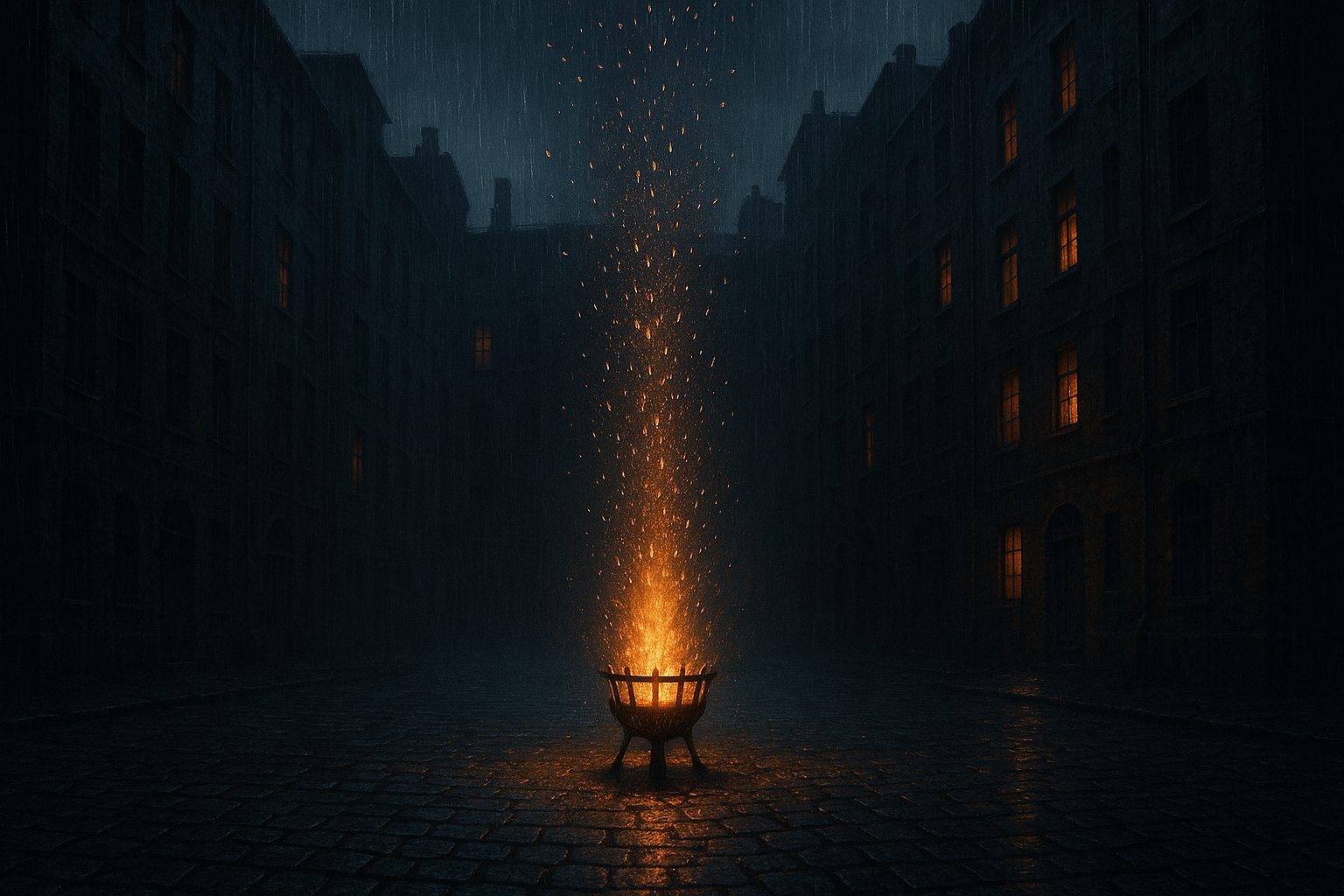 A poor cobbled square in the rain, embers rising from a brazier that has just caught, windows glowing in answer.