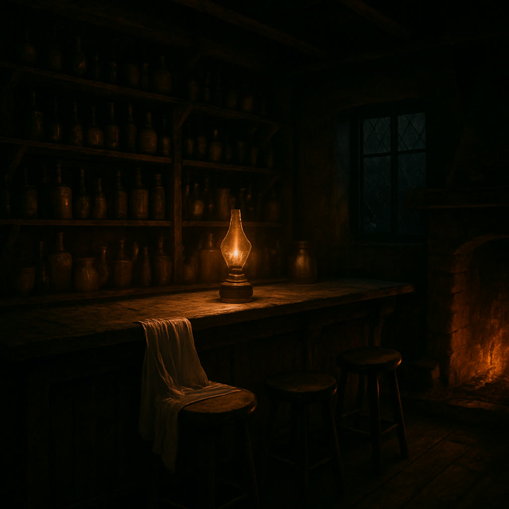 The Tipped Glass after hours: a white apron over a stool, bottles on the shelves, a low fire.